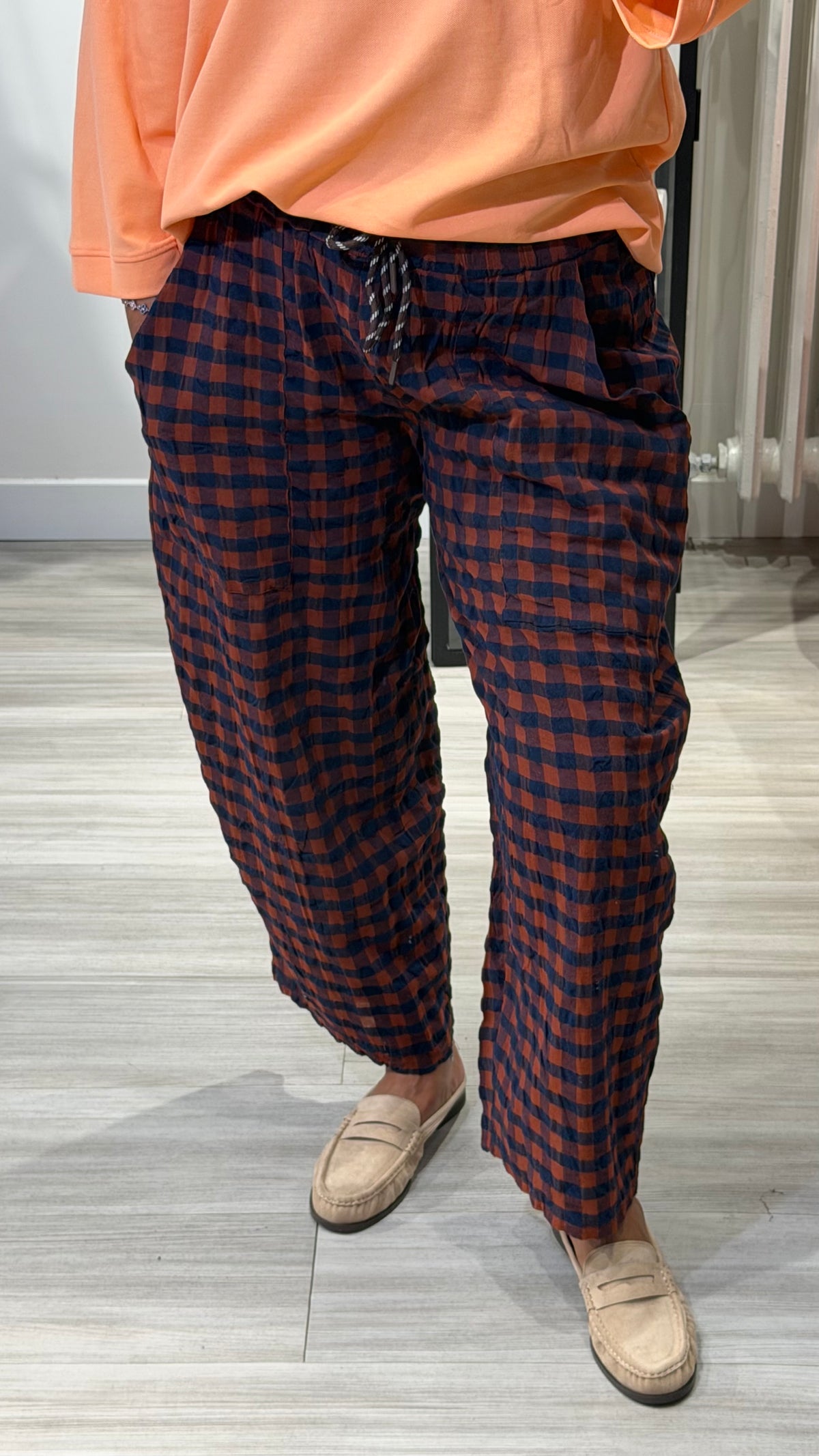 PANTALON A CARREAUX {Marine / Orange}